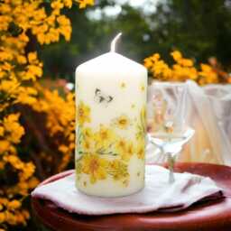 Hand-Decorated Wax Pillar Candle Golden Daffodils & Butterfly Design - thumbnail 3
