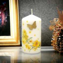 Hand-Decorated Wax Pillar Candle Golden Daffodils & Butterfly Design - thumbnail 4