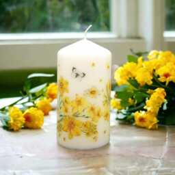 Hand-Decorated Wax Pillar Candle Golden Daffodils & Butterfly Design - thumbnail 2