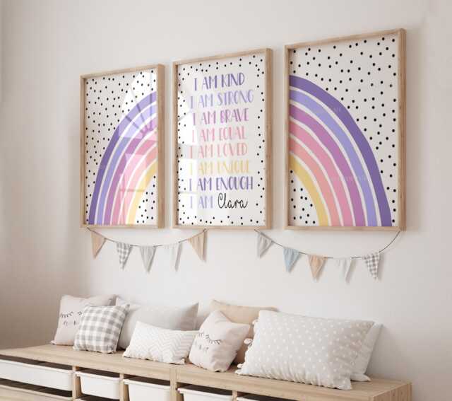 Tween Girls Prints, Positive Motivational Sayings, Set Of 3, Purple & Pink Bedroom, Personalised Wall Art, Rainbow Room Decor - image 1