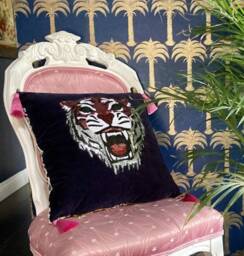 Velvet Tiger Sequin Pillow, Gold Zip & Tassels, Cheetah Back - thumbnail 1