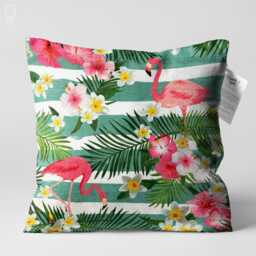 Tropical Cushion Cover With Leafy Florals & Pink Flamingos - Double Sided Printing Throw Pillow On The Chenille Different Sizes - thumbnail 1