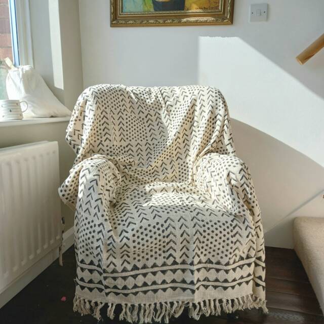 Throw Blanket With Monochrome Printed Pattern/Soft Boho Cotton Black & White - image 1