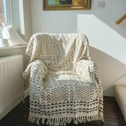 Throw Blanket With Monochrome Printed Pattern/Soft Boho Cotton Black & White - thumbnail 1