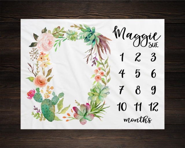 Girl Milestone Blanket Month Growth Tracker Minky Fleece Custom Personalized Baby Shower Gift Watercolor Floral Tribal Cactus - image 1