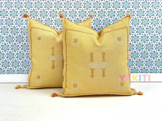 Yakiti-Yellow Square Moroccan Pillows 20x20, Aka Cactus Silk Pillow, Decorative Pillows, Sabra Pillows, Moroccan Decor Designer Cactus - image 1