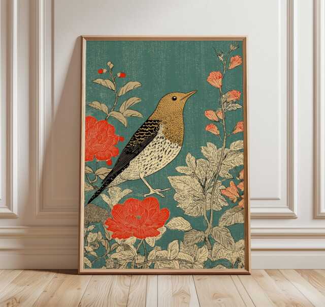 Japanese Bird Wall Art Print, Oriental Nature Poster With Berries & Leaves, Elegant Decor Inspired By Traditional Design - image 1