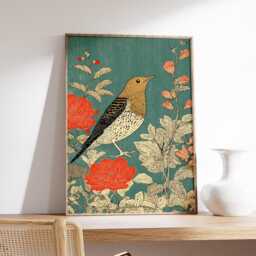 Japanese Bird Wall Art Print, Oriental Nature Poster With Berries & Leaves, Elegant Decor Inspired By Traditional Design - thumbnail 2