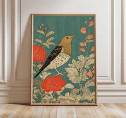 Japanese Bird Wall Art Print, Oriental Nature Poster With Berries & Leaves, Elegant Decor Inspired By Traditional Design - thumbnail 1
