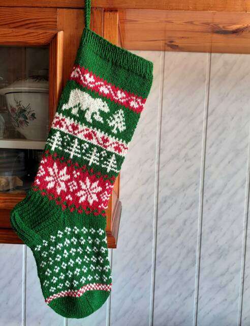 Hand Knit Christmas Stocking, Nordic Green & Red Holiday Decor - image 1