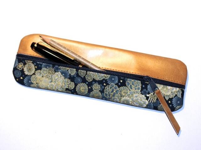 Pencil Case Leather in Gold & Fabric Japanese - image 1