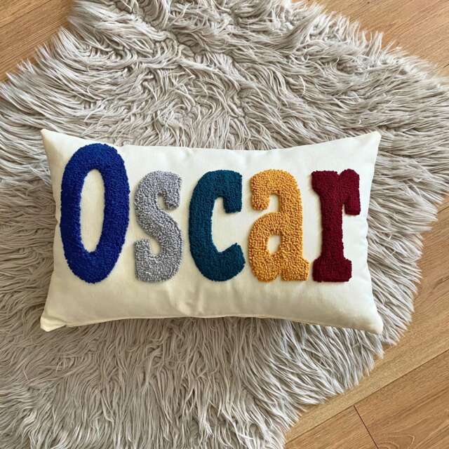 Personalized Name Pillow, Custom Embroidered Linen Cushion, Baby Gift, Punch Needle Kids Room Decoration, Handmade Throw Pillow - image 1