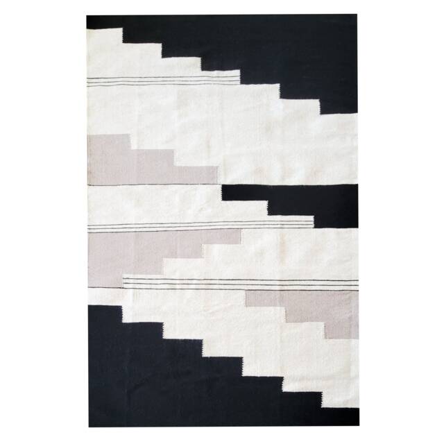 Geometric Kilim Wool Rug, Handmade Area Modern Dining Room Black Boho Rug 7' X 10' , 8' - image 1