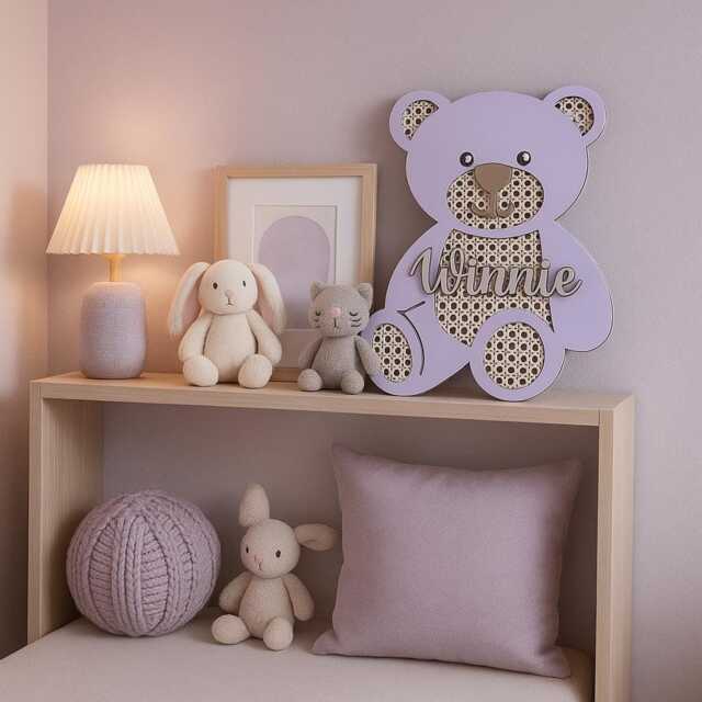 Personalized Wooden Rattan Teddy Bear With Name - Multiple Shades Nursery Decor New Baby Gift - image 1