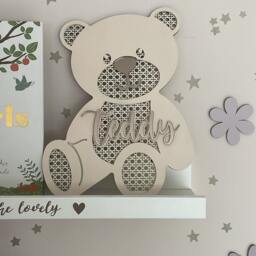 Personalized Wooden Rattan Teddy Bear With Name - Multiple Shades Nursery Decor New Baby Gift - thumbnail 2