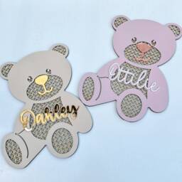 Personalized Wooden Rattan Teddy Bear With Name - Multiple Shades Nursery Decor New Baby Gift - thumbnail 3
