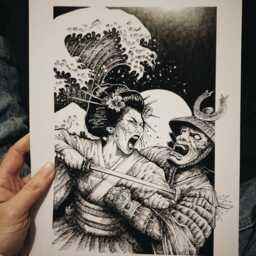 Poster Samurai Warrior Japan Yakusa Tattoo Black Geisha Illustration Watercolor - thumbnail 2