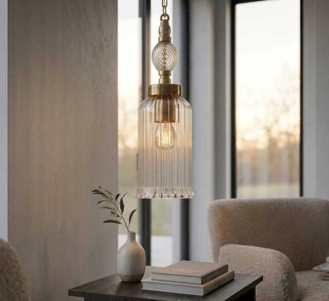 Ribbed Glass Pendant Light - Handmade Clear Hanging Lamp With Brass Hardware - image 1