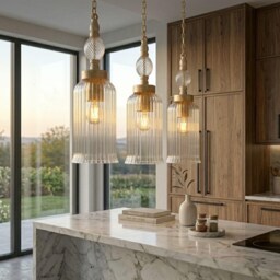 Ribbed Glass Pendant Light - Handmade Clear Hanging Lamp With Brass Hardware - thumbnail 4