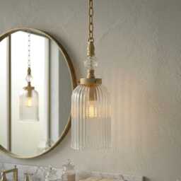Ribbed Glass Pendant Light - Handmade Clear Hanging Lamp With Brass Hardware - thumbnail 2