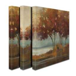 Autumn Lakeside Triptych Canvas Print, Brown Tone Wall Art - thumbnail 2