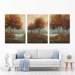 Autumn Lakeside Triptych Canvas Print, Brown Tone Wall Art - thumbnail 1