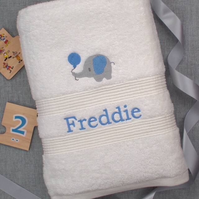 Personalised Children's Bath Towel - Elephant Embroidery & Name On Pink Blue Or White - image 1