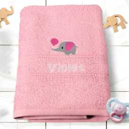 Personalised Children's Bath Towel - Elephant Embroidery & Name On Pink Blue Or White - thumbnail 3