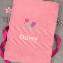 Personalised Children's Bath Towel - Elephant Embroidery & Name On Pink Blue Or White - thumbnail 4