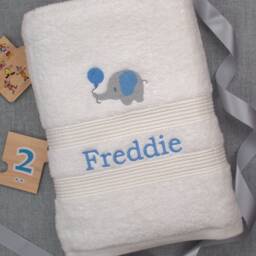 Personalised Children's Bath Towel - Elephant Embroidery & Name On Pink Blue Or White - thumbnail 1