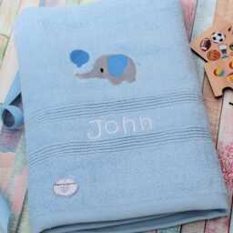 Personalised Children's Bath Towel - Elephant Embroidery & Name On Pink Blue Or White - thumbnail 2