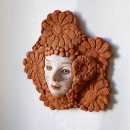 Flower Girl Original Handmade Ceramic White Mask Sculpture Portrait Face Woman Folk Clay Decor Ginger Interior Gallery Wall Christmas Gift - thumbnail 2