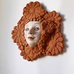 Flower Girl Original Handmade Ceramic White Mask Sculpture Portrait Face Woman Folk Clay Decor Ginger Interior Gallery Wall Christmas Gift - thumbnail 4