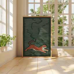 Japanese Tiger Poster - Vintage Asian Wall Art Print, Traditional Animal Illustration, Bold Red & Green Oriental Decor - thumbnail 4