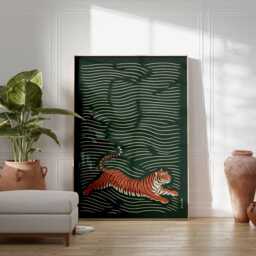 Japanese Tiger Poster - Vintage Asian Wall Art Print, Traditional Animal Illustration, Bold Red & Green Oriental Decor - thumbnail 3