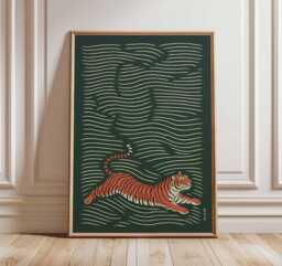 Japanese Tiger Poster - Vintage Asian Wall Art Print, Traditional Animal Illustration, Bold Red & Green Oriental Decor - thumbnail 1