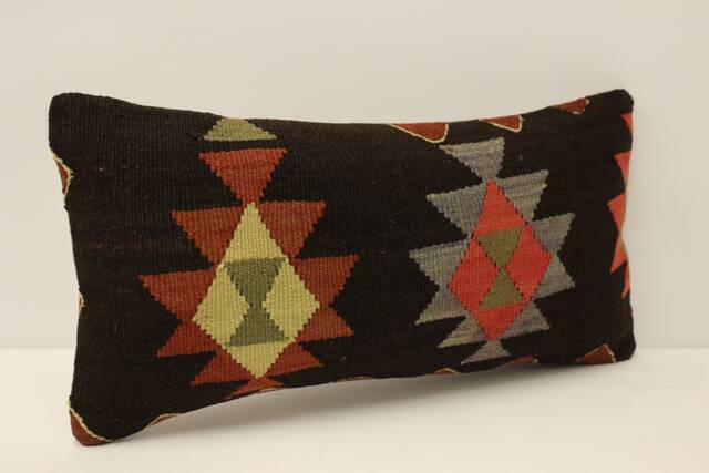 Boho Kilim Pillow Cover, Turkish Wool Lumbar Cushion - 10x20 - image 1