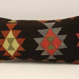 Boho Kilim Pillow Cover, Turkish Wool Lumbar Cushion - 10x20 - thumbnail 2