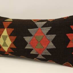 Boho Kilim Pillow Cover, Turkish Wool Lumbar Cushion - 10x20 - thumbnail 3