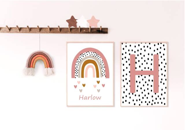 Set Of 2 Rainbow Print, Nursery Decor, Playroom Prints, Personalised Kids Initial Polkadot Prints - image 1