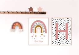Set Of 2 Rainbow Print, Nursery Decor, Playroom Prints, Personalised Kids Initial Polkadot Prints - thumbnail 1