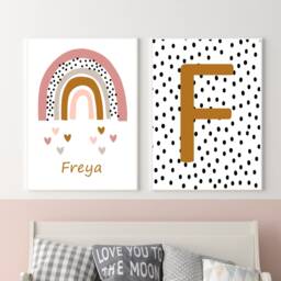 Set Of 2 Rainbow Print, Nursery Decor, Playroom Prints, Personalised Kids Initial Polkadot Prints - thumbnail 3