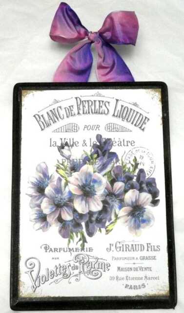 Paris Perfume Label Wood Sign With Violet Bouquet - French Country Wall Decor - image 1