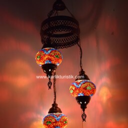 Turkish Lamp 3 Globe Sprial Desing Set, Ceiling , Mosaic Hanging, Moraccon , Turkish Mosaic Chandelier - thumbnail 3