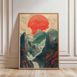 Red Sun Over Mountains Poster, Japanese Style Landscape Wall Art, Dramatic Nature Print - thumbnail 1