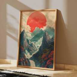Red Sun Over Mountains Poster, Japanese Style Landscape Wall Art, Dramatic Nature Print - thumbnail 2