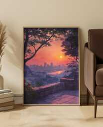 Korean Ink Cityscape Art Print Pink Gold Calm Riverside - thumbnail 1