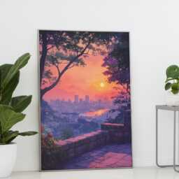 Korean Ink Cityscape Art Print Pink Gold Calm Riverside - thumbnail 2