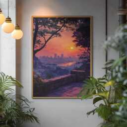 Korean Ink Cityscape Art Print Pink Gold Calm Riverside - thumbnail 3