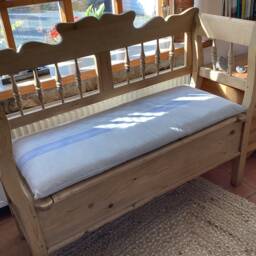 Gustavian Bench Seat Covers in French Grainsack. Stone/Cream With A Blue, Red Or Black Stripe